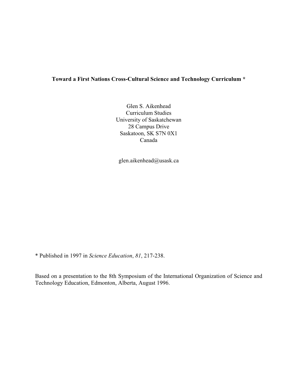Toward a First Nations Cross-Cultural Science and Technology Curriculum *