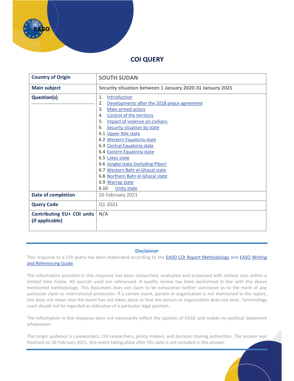 SOUTH SUDAN Main Subject Security Situation Between 1 January 2020-31 January 2021 Question(S) 1