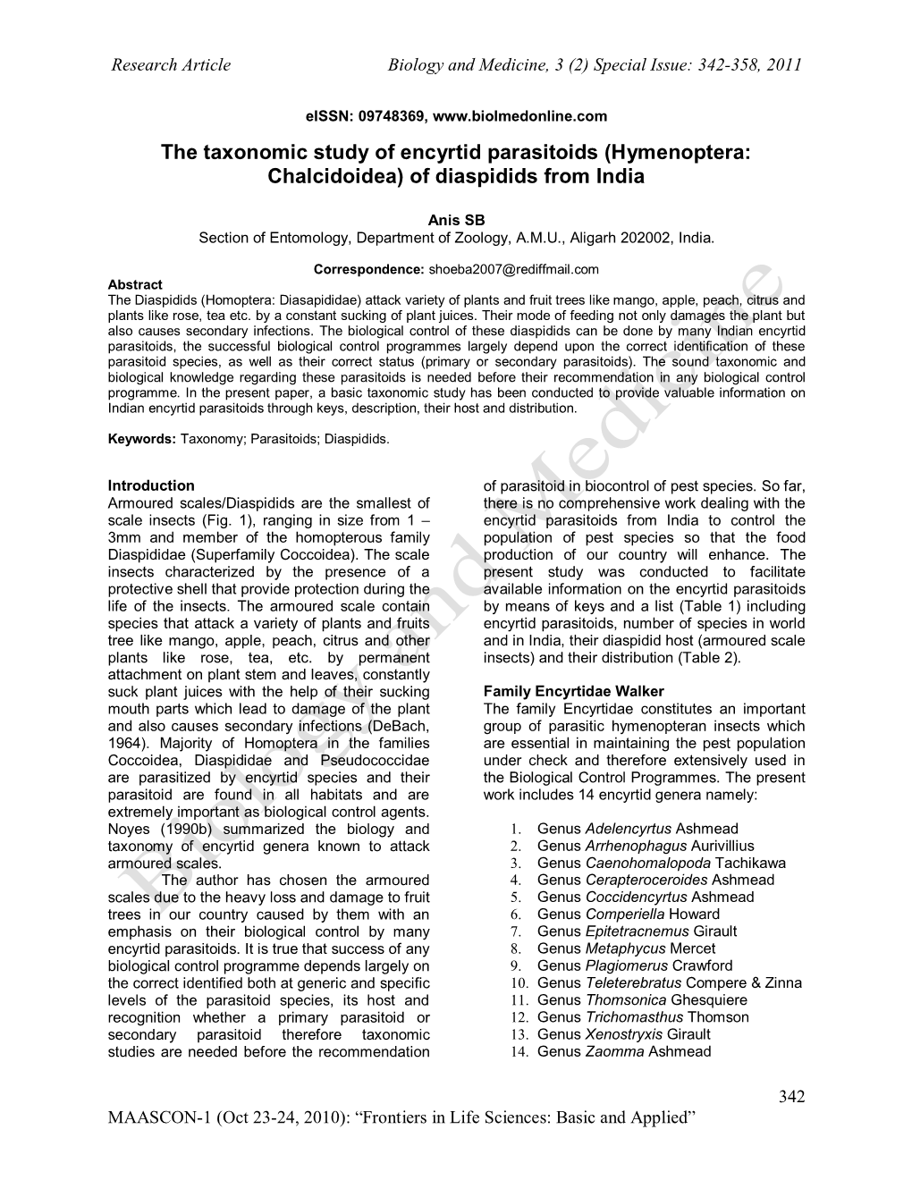 The Taxonomic Study of Encyrtid Parasitoids (Hymenoptera: Chalcidoidea) of Diaspidids from India