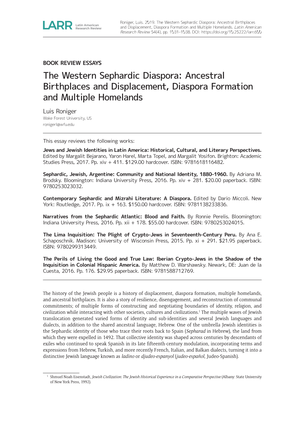 The Western Sephardic Diaspora: Ancestral Birthplaces and Displacement, Diaspora Formation and Multiple Homelands