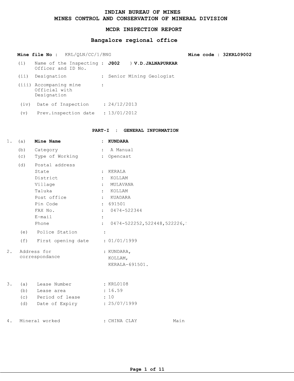 MCDR INSPECTION REPORT Bangalore Regional Office