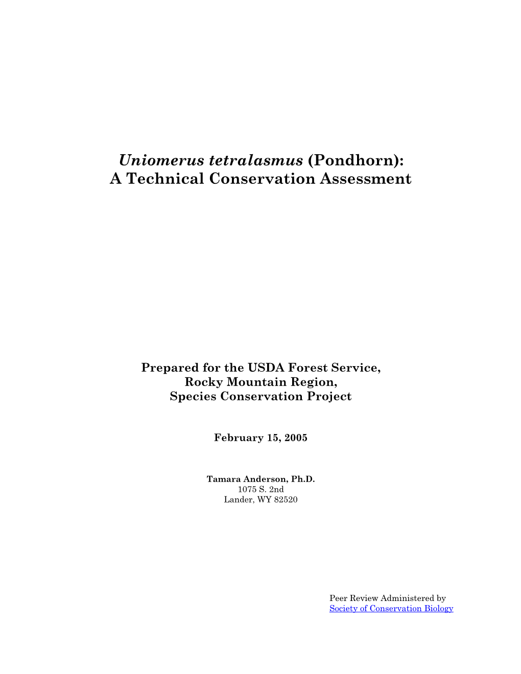 Uniomerus Tetralasmus (Pondhorn): a Technical Conservation Assessment