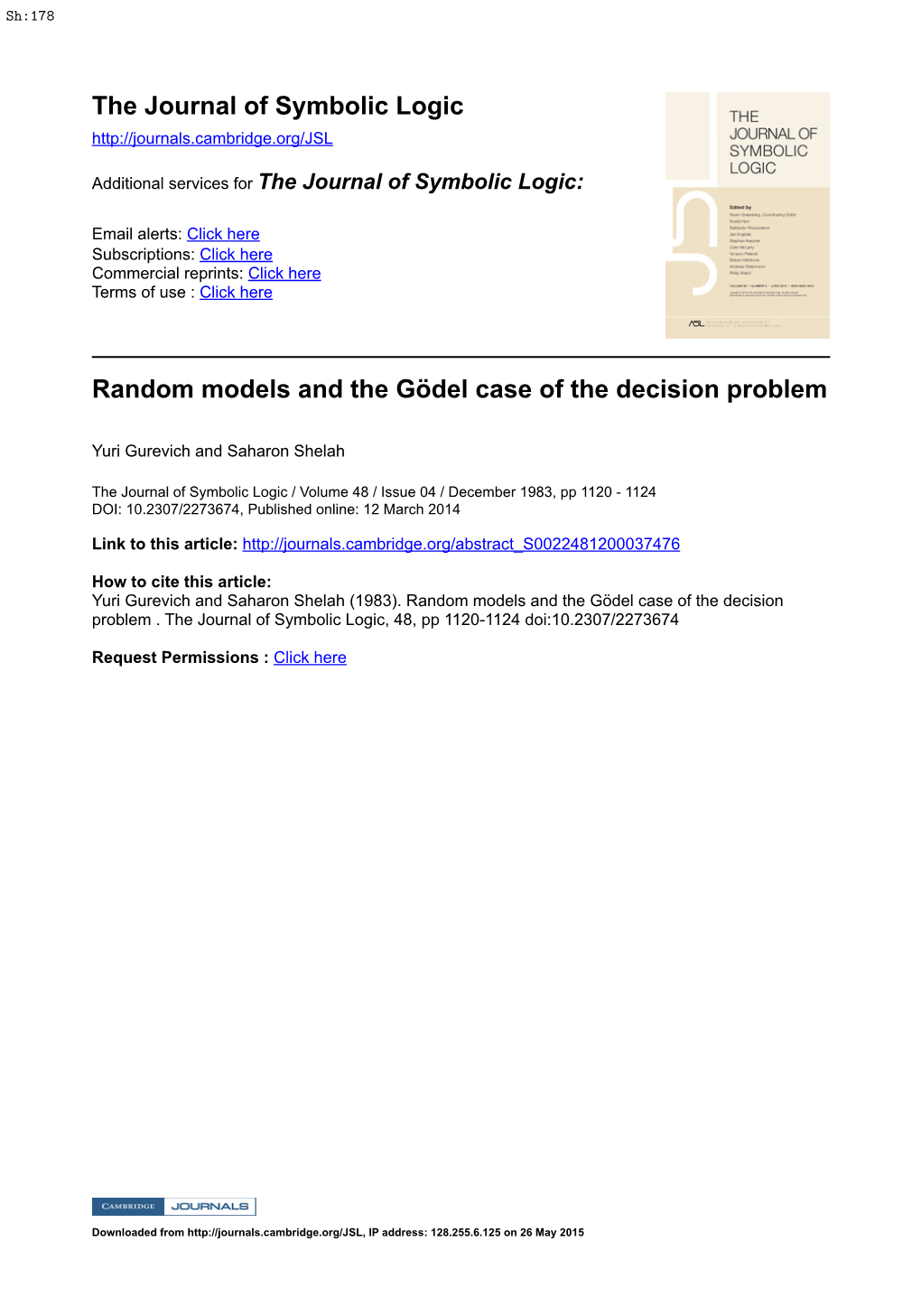 The Journal of Symbolic Logic Random Models and the Gödel