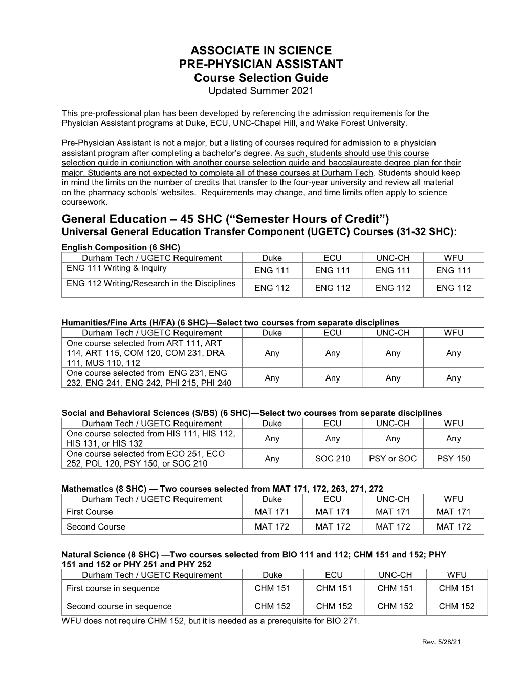 PRE-PHYSICIAN ASSISTANT Course Selection Guide Updated Summer 2021