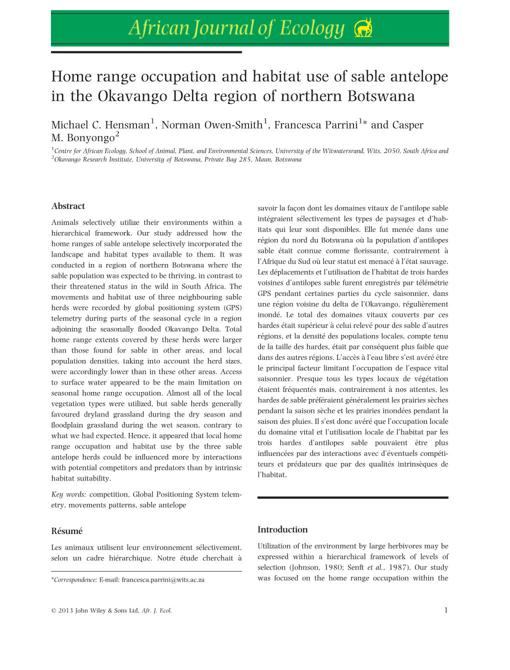 Home Range Occupation and Habitat Use of Sable Antelope in the Okavango Delta Region of Northern Botswana