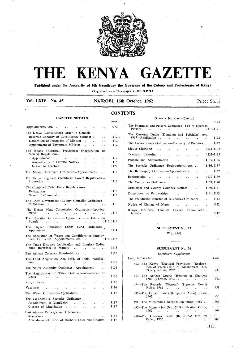 THE KENYA GAZETTE Poblbhed Nuder the Authority of His Excellency the Governor of the Wany and Protectorate of Kenya (Registered As a Newspaper at the 0.P.O.)