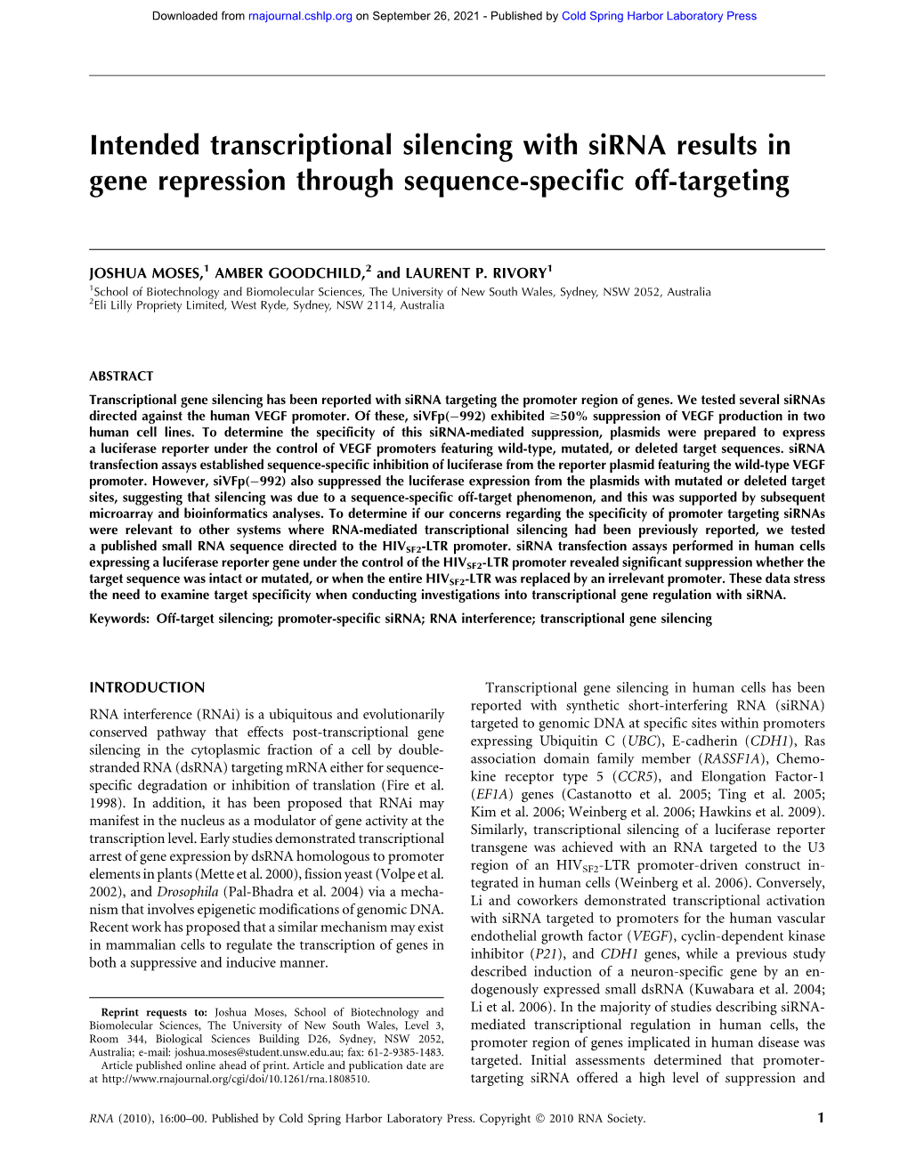 Intended Transcriptional Silencing with Sirna Results in Gene Repression Through Sequence-Specific Off-Targeting