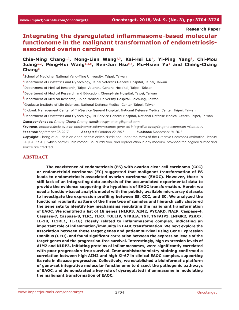 Integrating the Dysregulated Inflammasome-Based Molecular Functionome in the Malignant Transformation of Endometriosis- Associated Ovarian Carcinoma