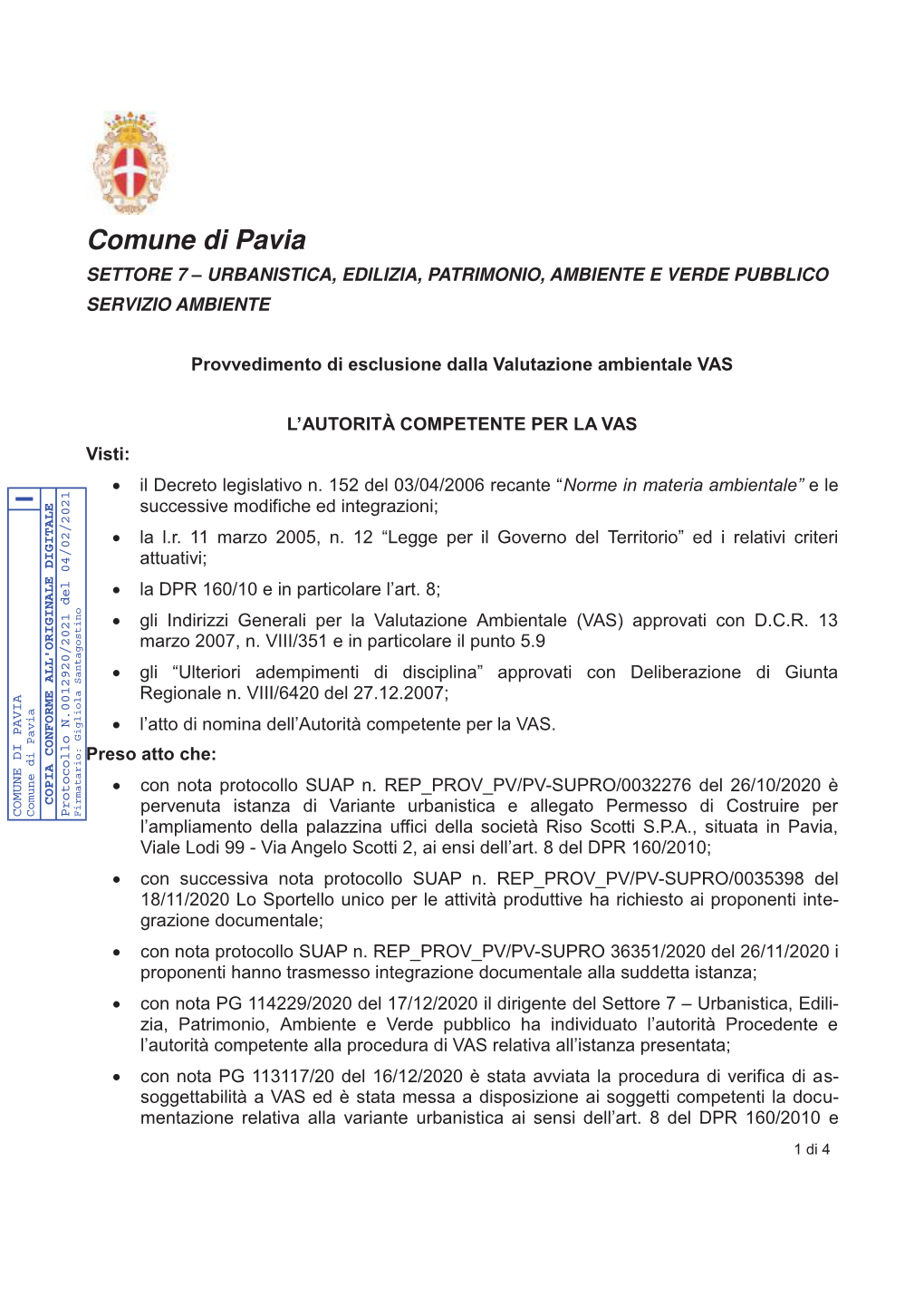 Provvedimento Di Esclusione Dalla Valutazione Ambientale VAS