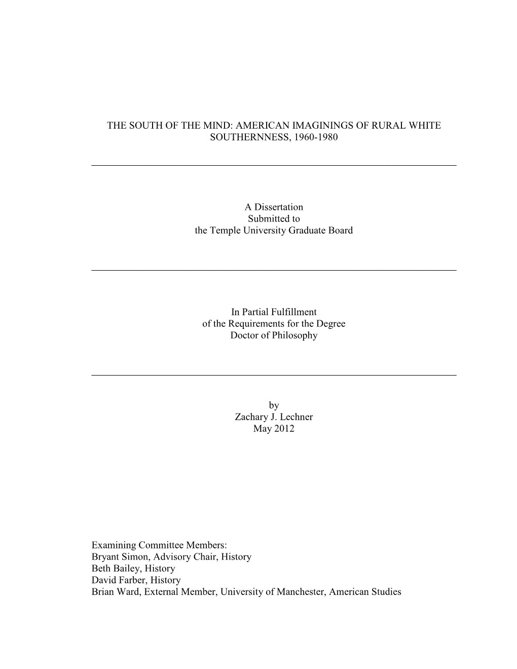 The South of the Mind: American Imaginings of Rural White Southernness, 1960-1980