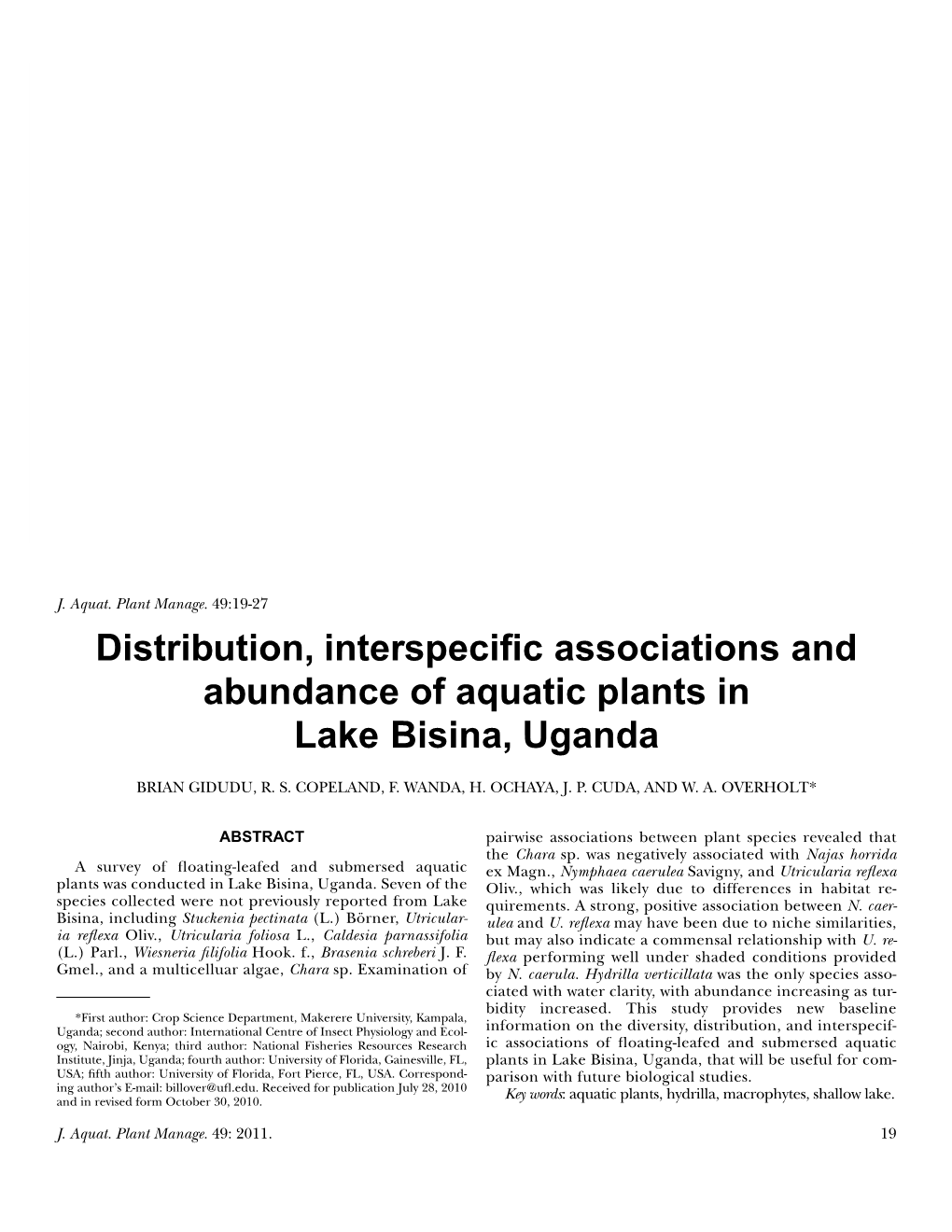 Distribution, Interspecific Associations and Abundance of Aquatic Plants In