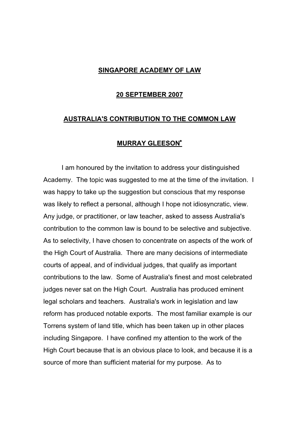 Australia's Contribution to the Common Law