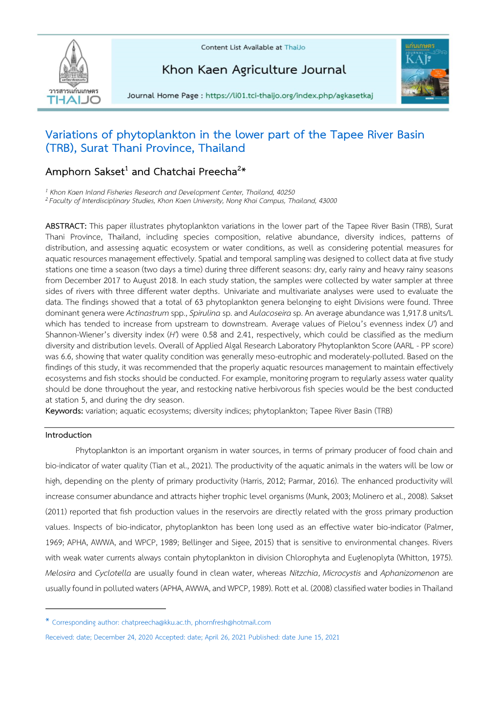 Variations of Phytoplankton in the Lower Part of the Tapee River Basin (TRB), Surat Thani Province, Thailand