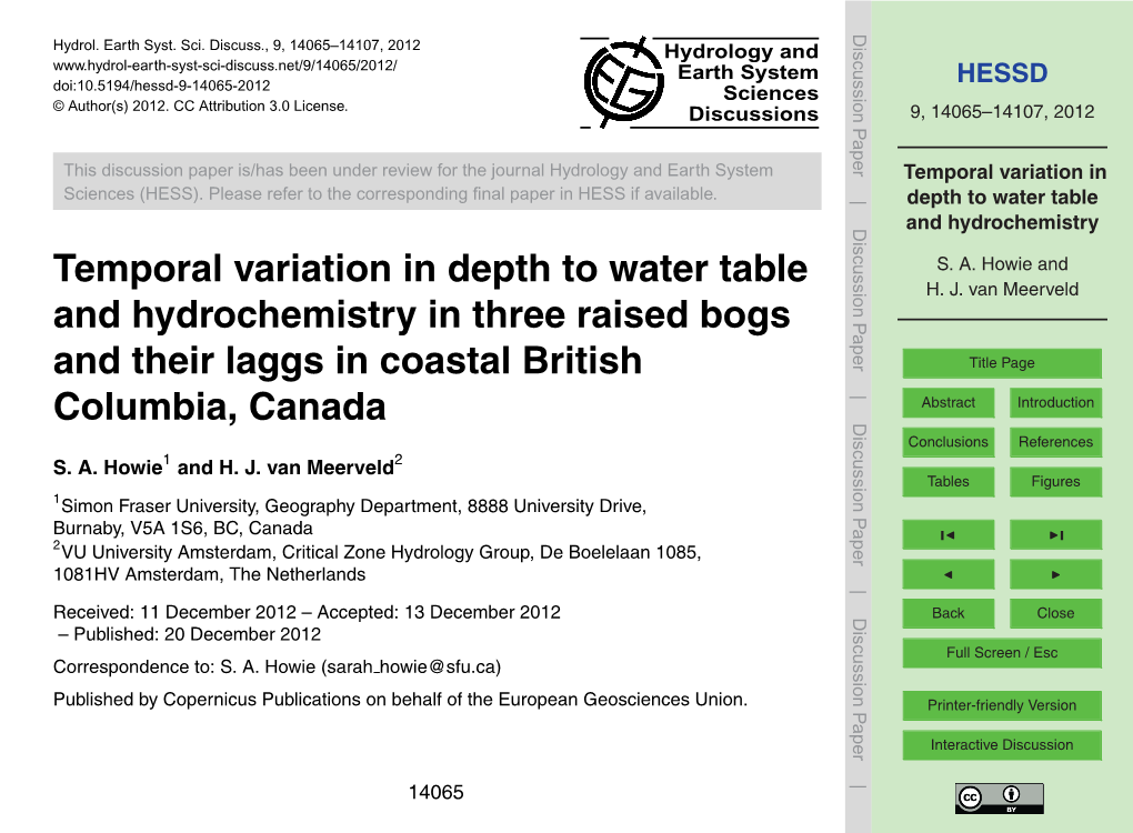 Temporal Variation in Depth to Water Table and Hydrochemistry