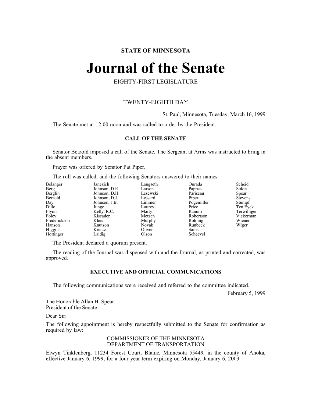 Journal of the Senate EIGHTY-FIRST LEGISLATURE ______