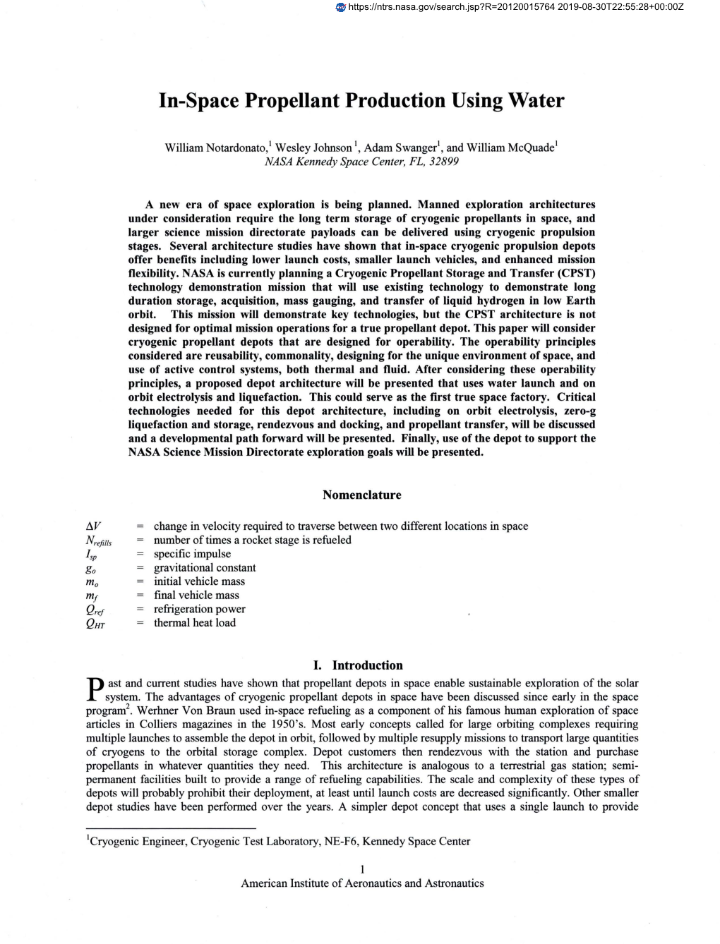 In-Space Propellant Production Using Water