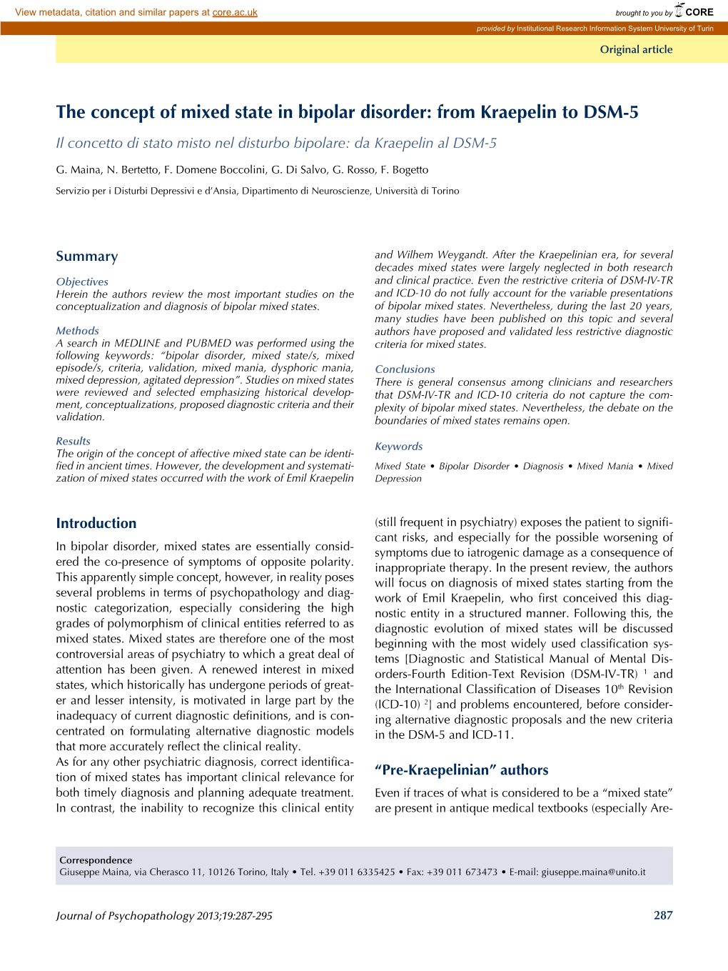 The Concept of Mixed State in Bipolar Disorder: from Kraepelin to DSM-5 Il Concetto Di Stato Misto Nel Disturbo Bipolare: Da Kraepelin Al DSM-5