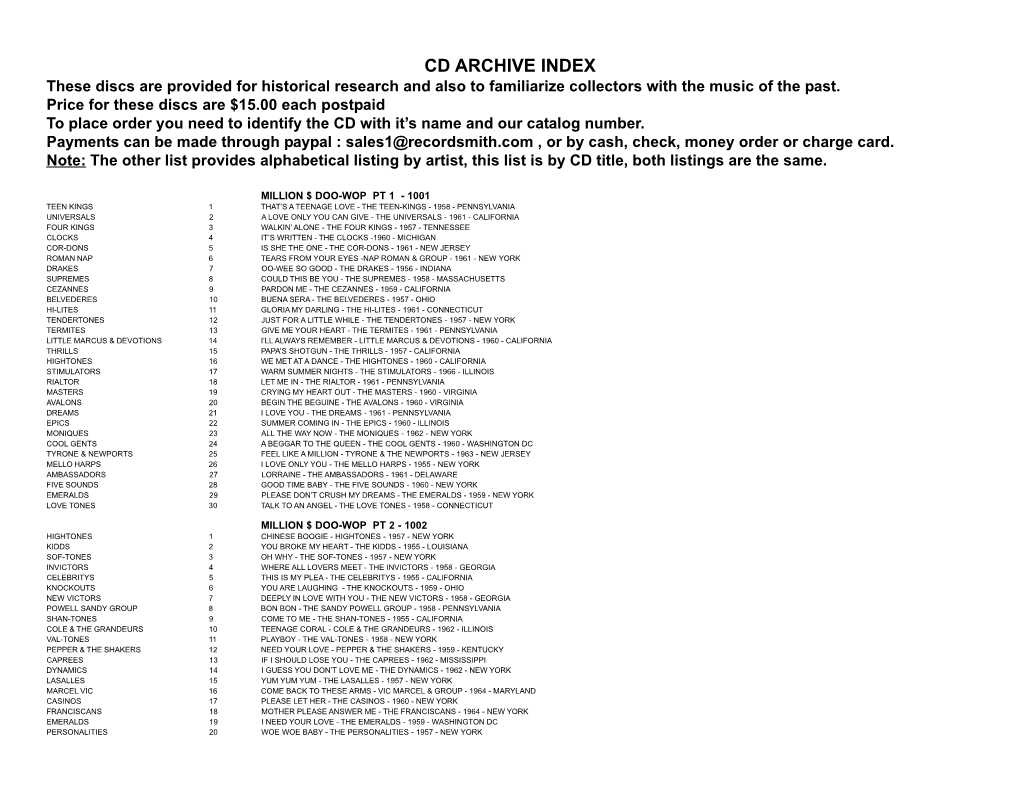 CD ARCHIVE INDEX These Discs Are Provided for Historical Research and Also to Familiarize Collectors with the Music of the Past