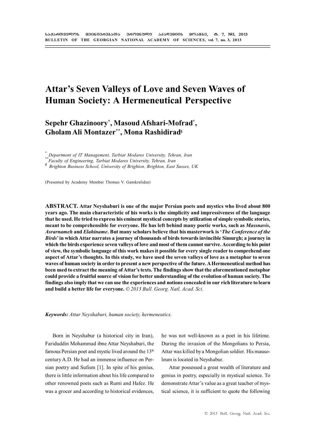 Attar's Seven Valleys of Love and Seven Waves of Human Society: A