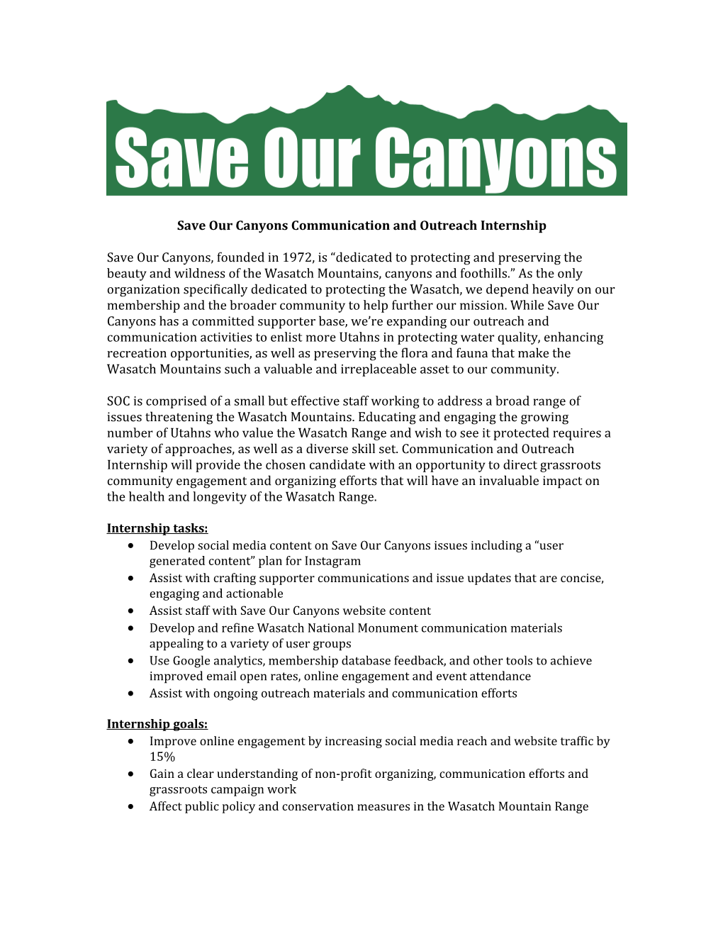 Save Our Canyons Communication and Outreach Internship