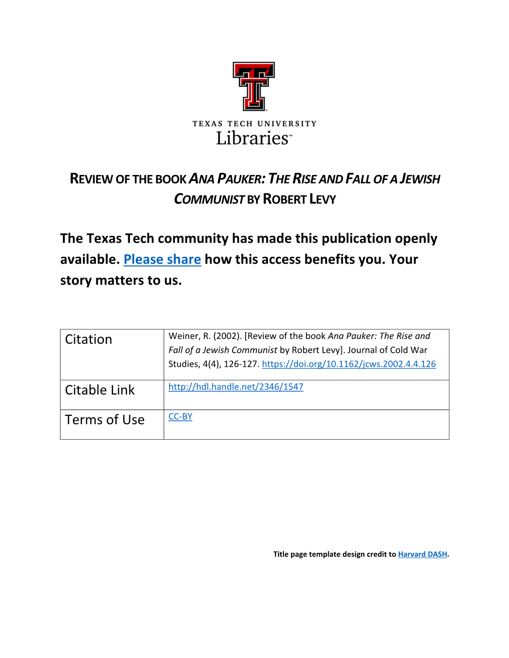 The Texas Tech Community Has Made This Publication Openly Available