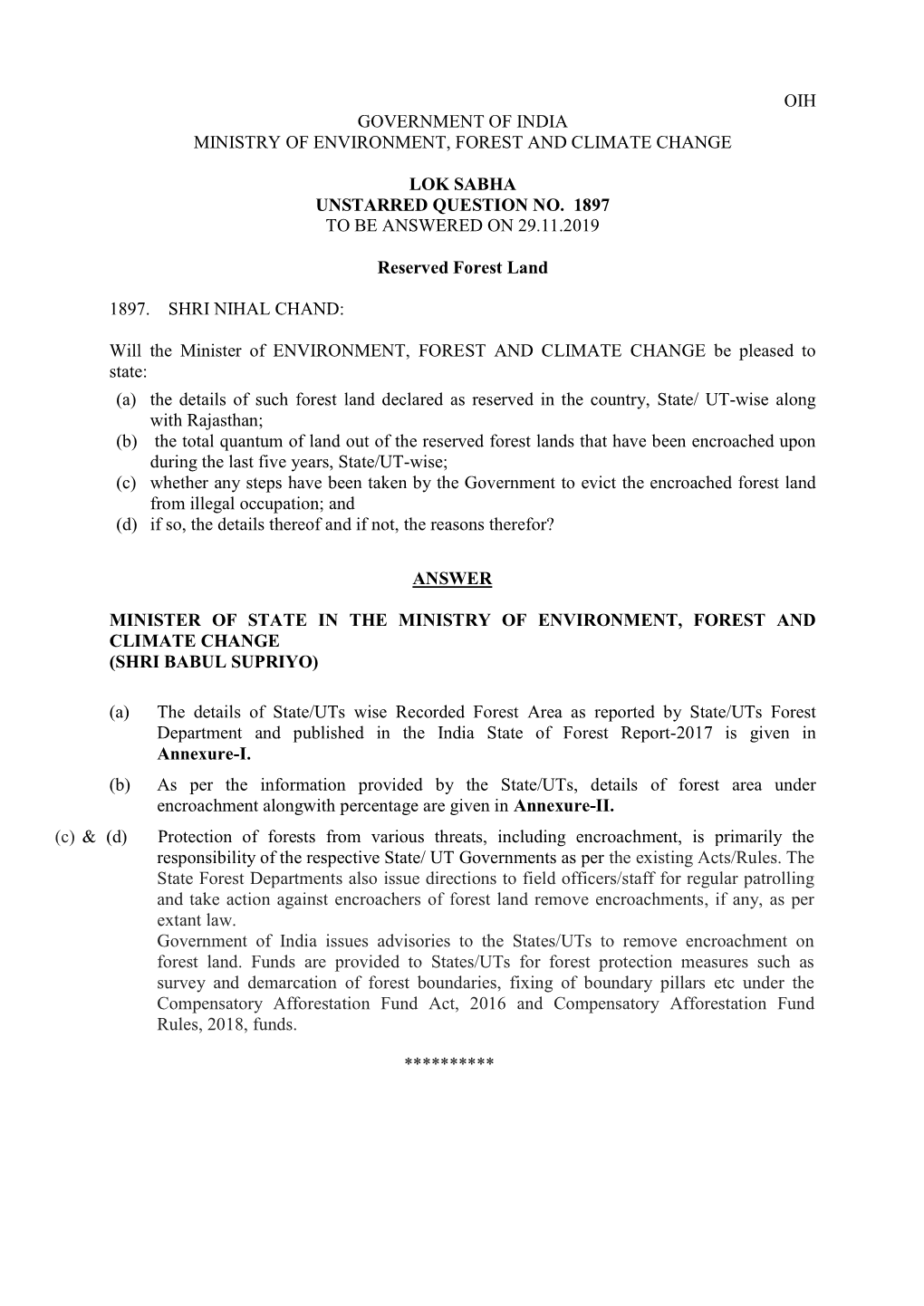Oih Government of India Ministry of Environment, Forest and Climate Change