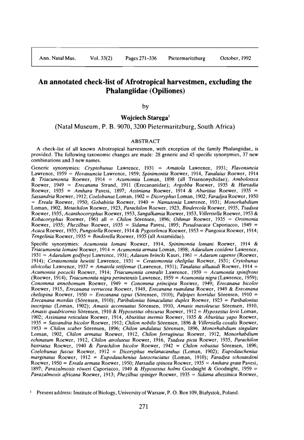 An Annotated Check List of Afrotropical Harvestmen.Pdf
