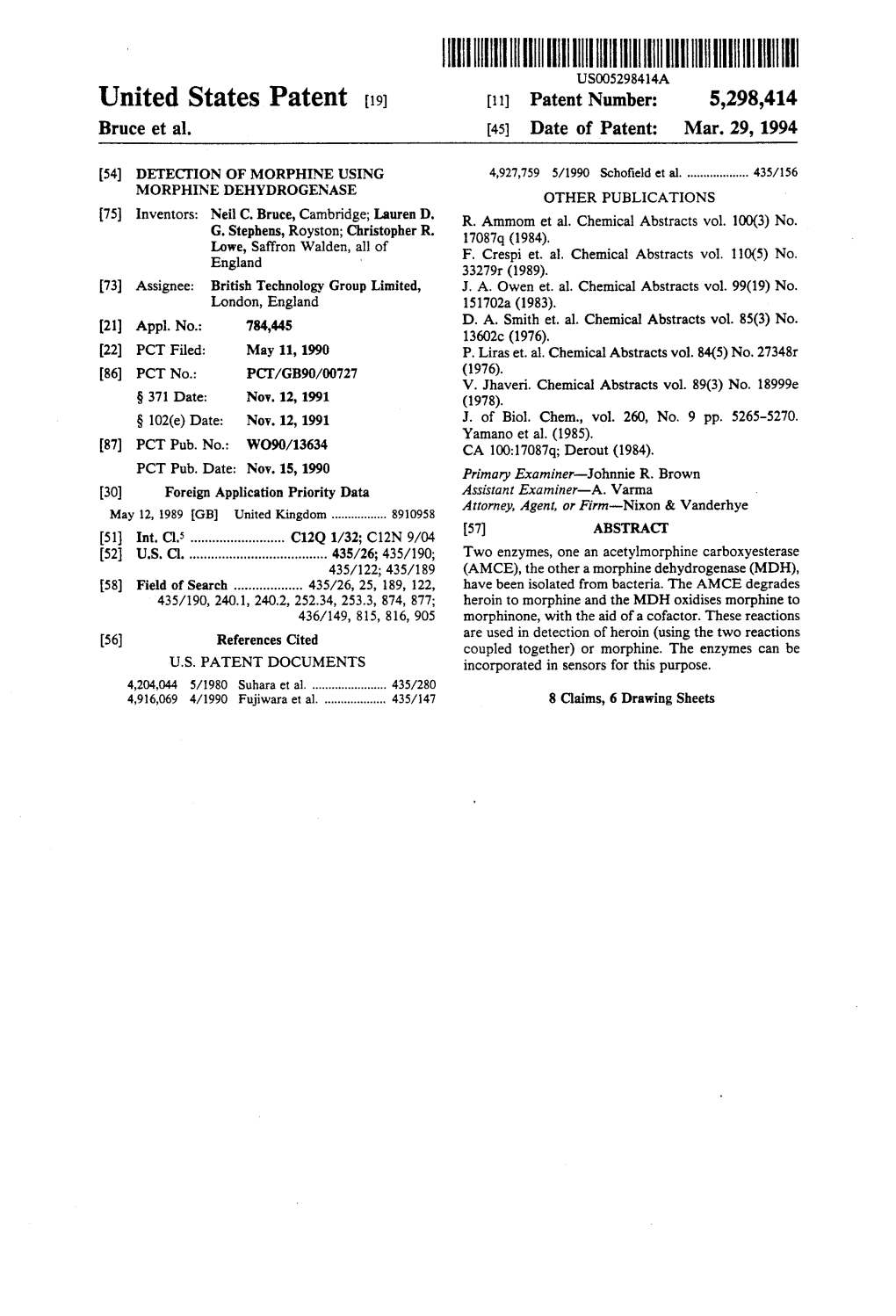 H|||||||||||||| USOO52984.4A United States Patent (19) 11 Patent Number: 5,298,414 Bruce Et Al