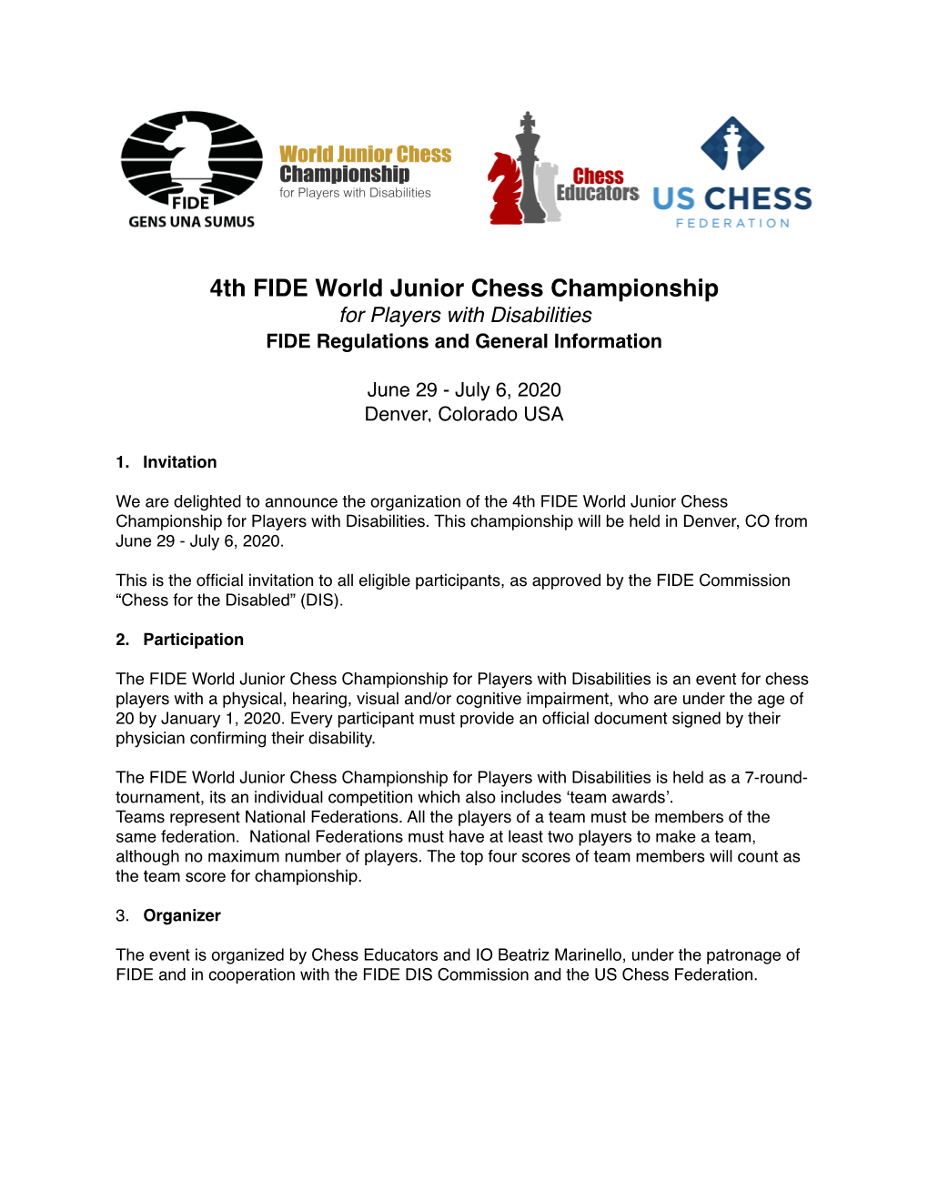 4Th FIDE World Junior Chess Championship for Players with Disabilities FIDE Regulations and General Information