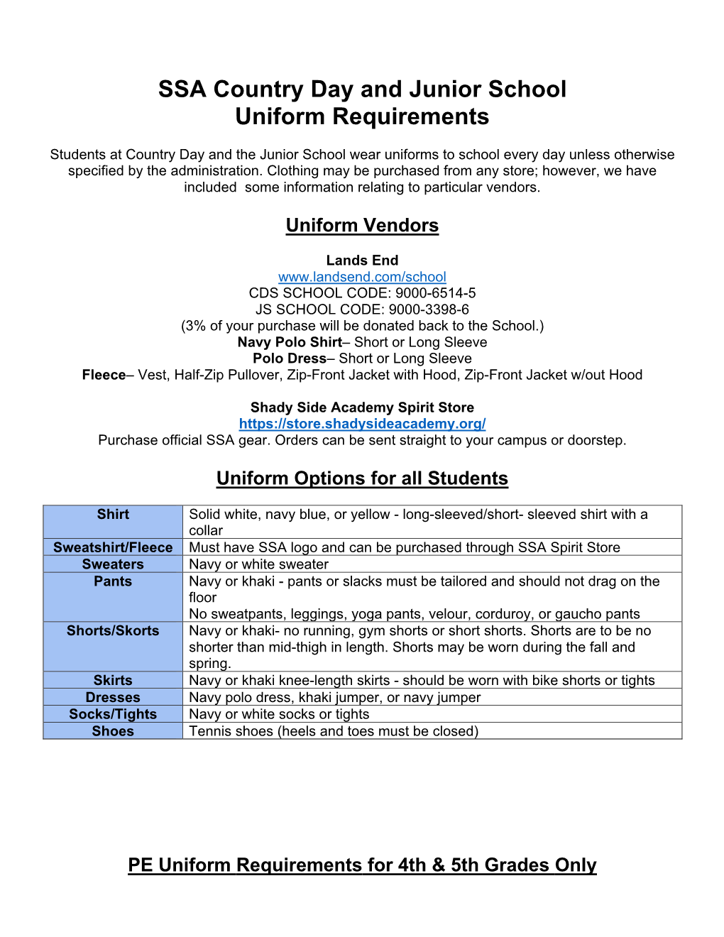 SSA Country Day and Junior School Uniform Requirements