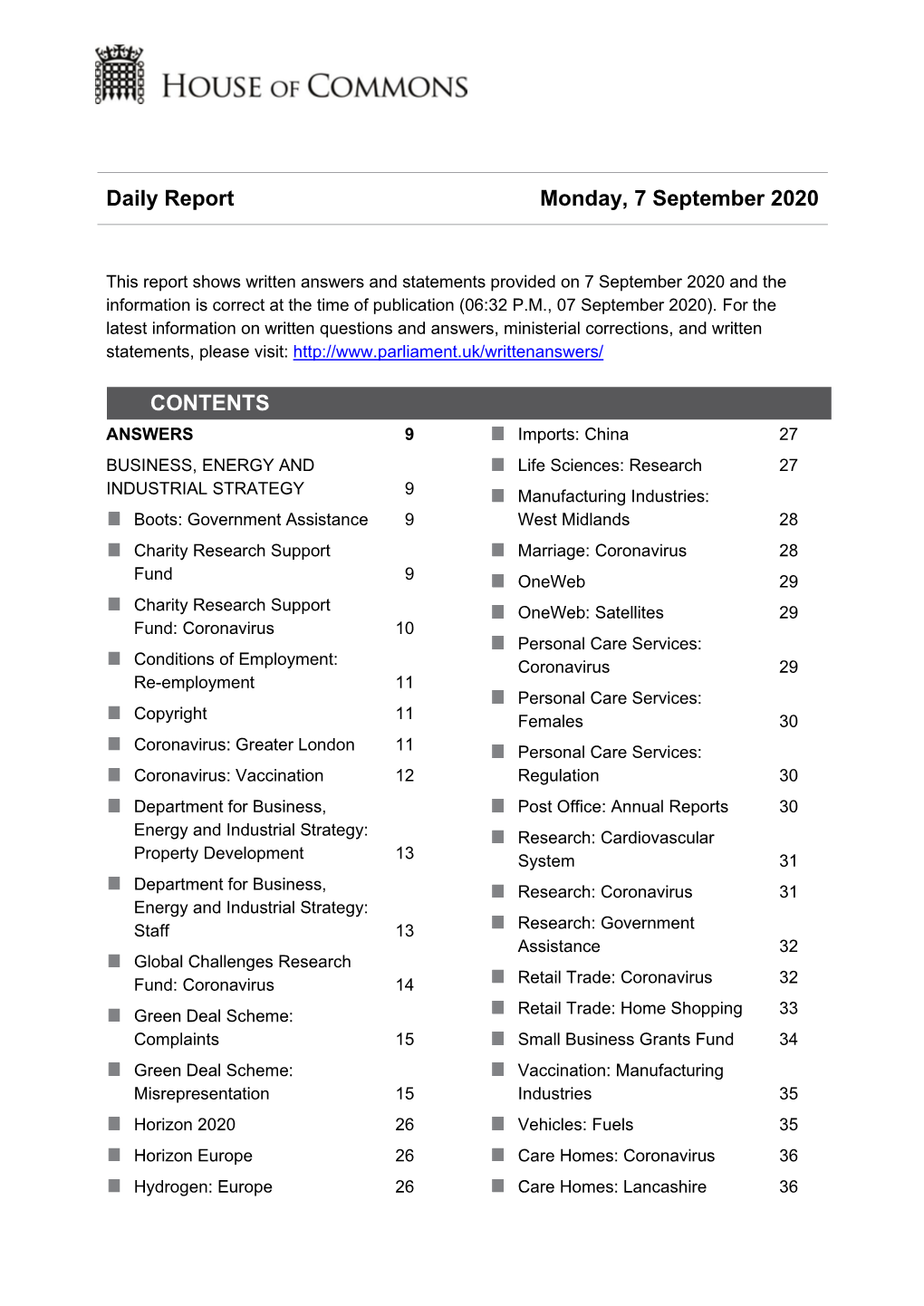 Daily Report Monday, 7 September 2020 CONTENTS