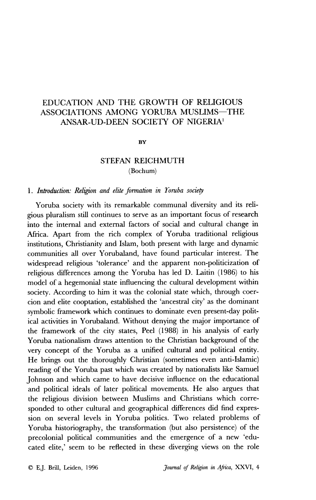 Education and the Growth of Religious Associations Among Yoruba Muslims–The Ansar-Ud-Deen Society of Nigeria'