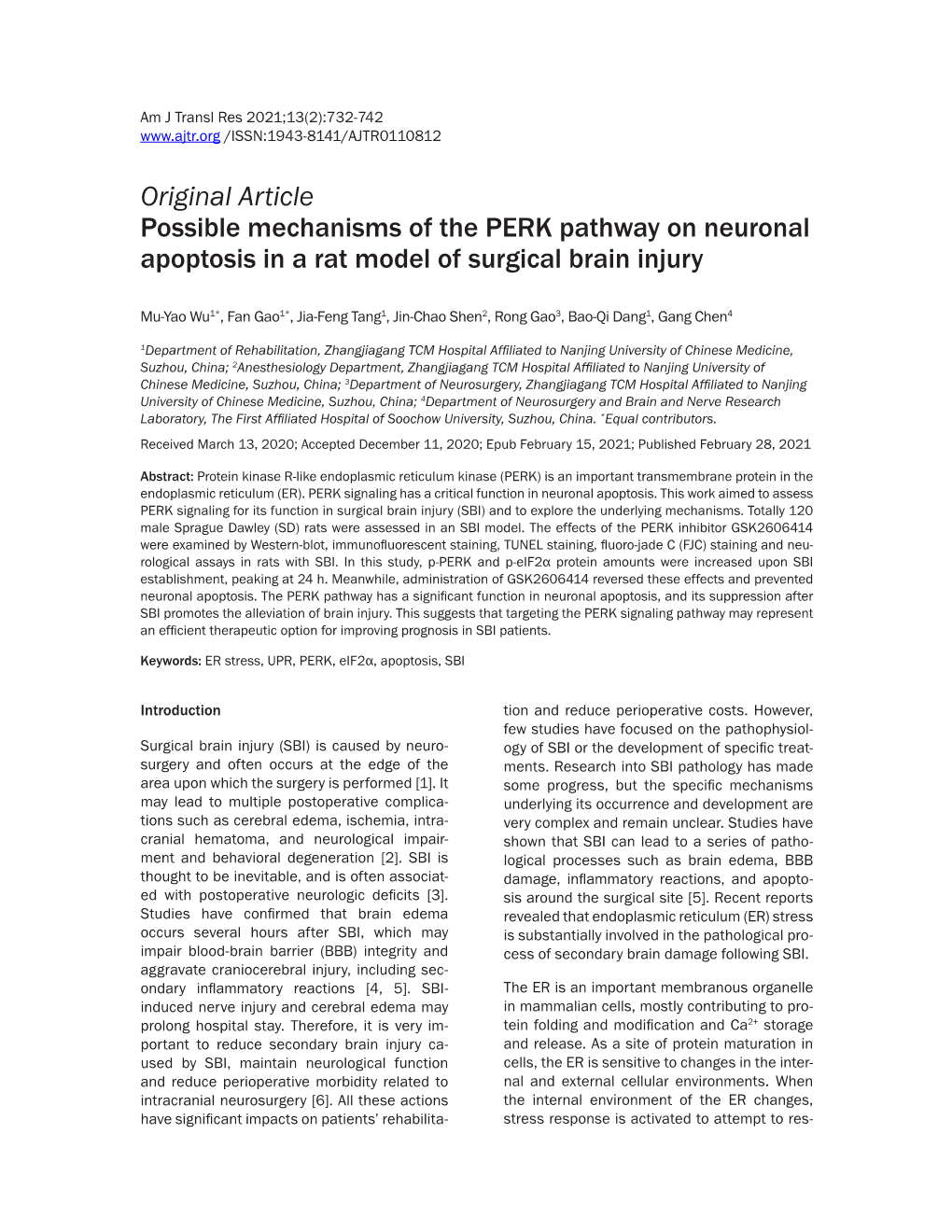 Original Article Possible Mechanisms of the PERK Pathway on Neuronal Apoptosis in a Rat Model of Surgical Brain Injury