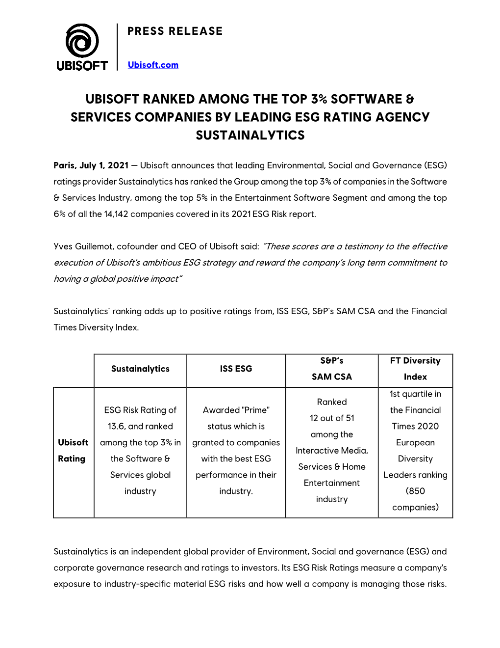 Ubisoft Ranked Among the Top 3% Software & Services Companies By