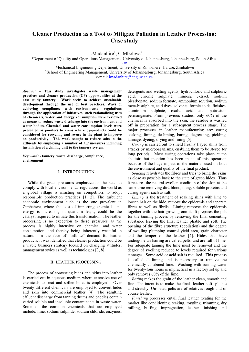 Cleaner Production As a Tool to Mitigate Pollution in Leather Processing: Case Study