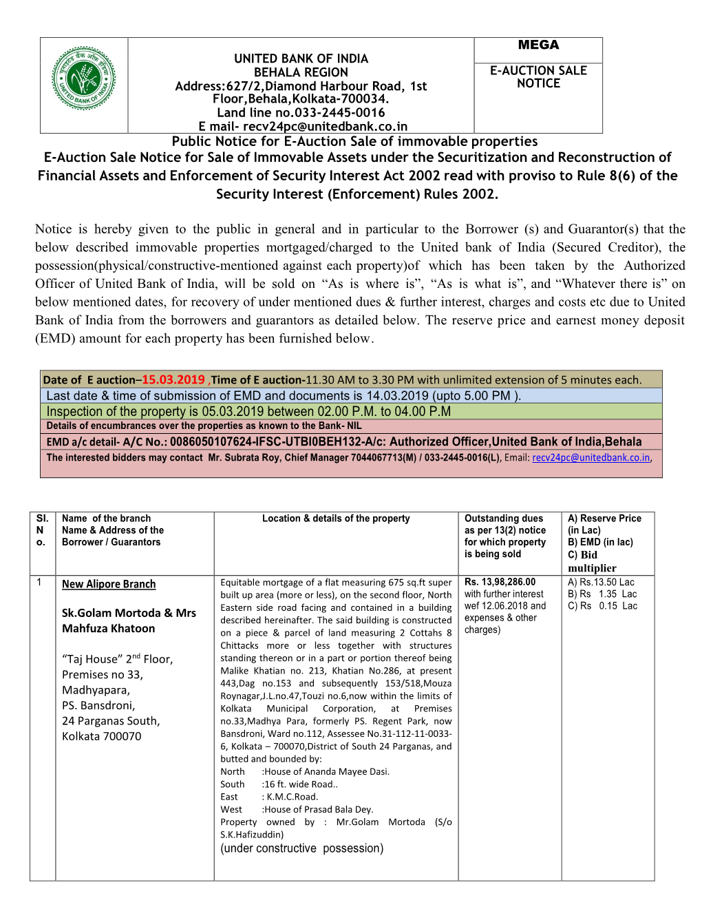 Public Notice for E-Auction Sale of Immovable Properties