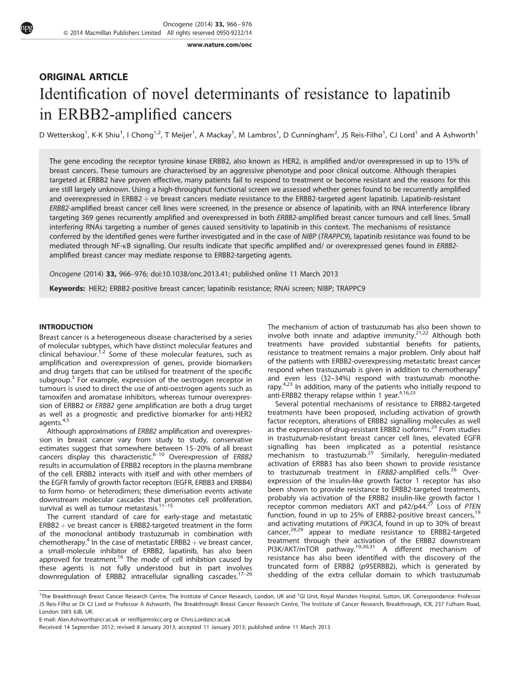 Identification of Novel Determinants of Resistance to Lapatinib in ERBB2-Amplified Cancers