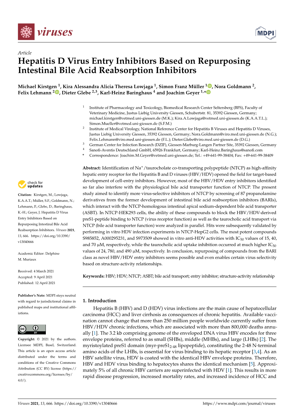 Hepatitis D Virus Entry Inhibitors Based on Repurposing Intestinal Bile Acid Reabsorption Inhibitors