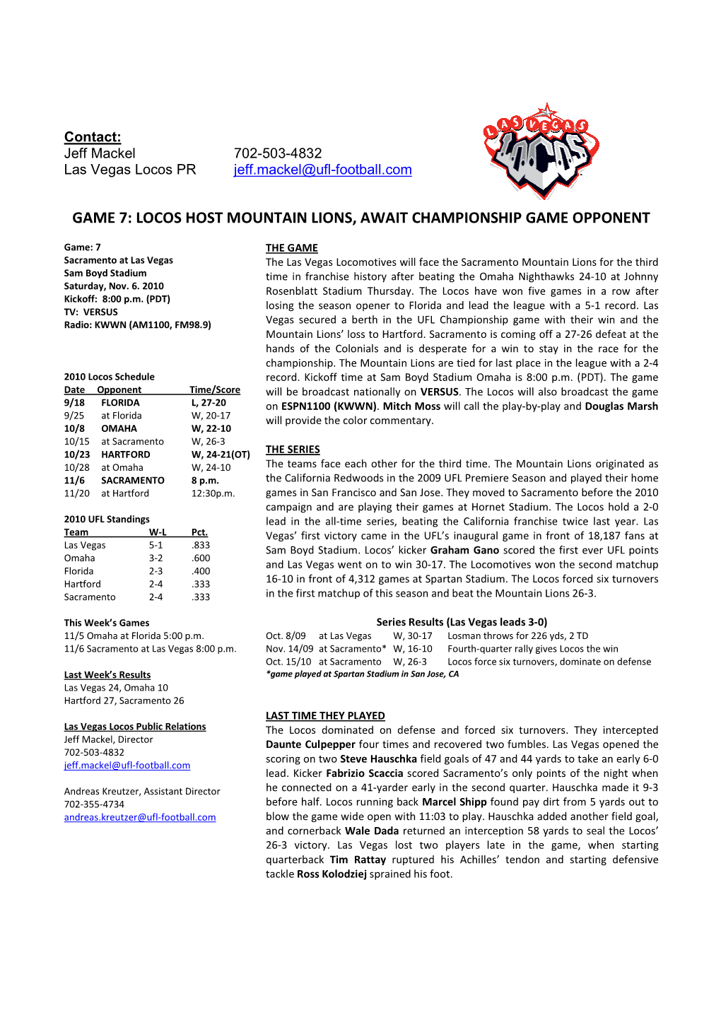 11-6-2010 Locos Vs. Sacramento Mountain Lions Game Notes