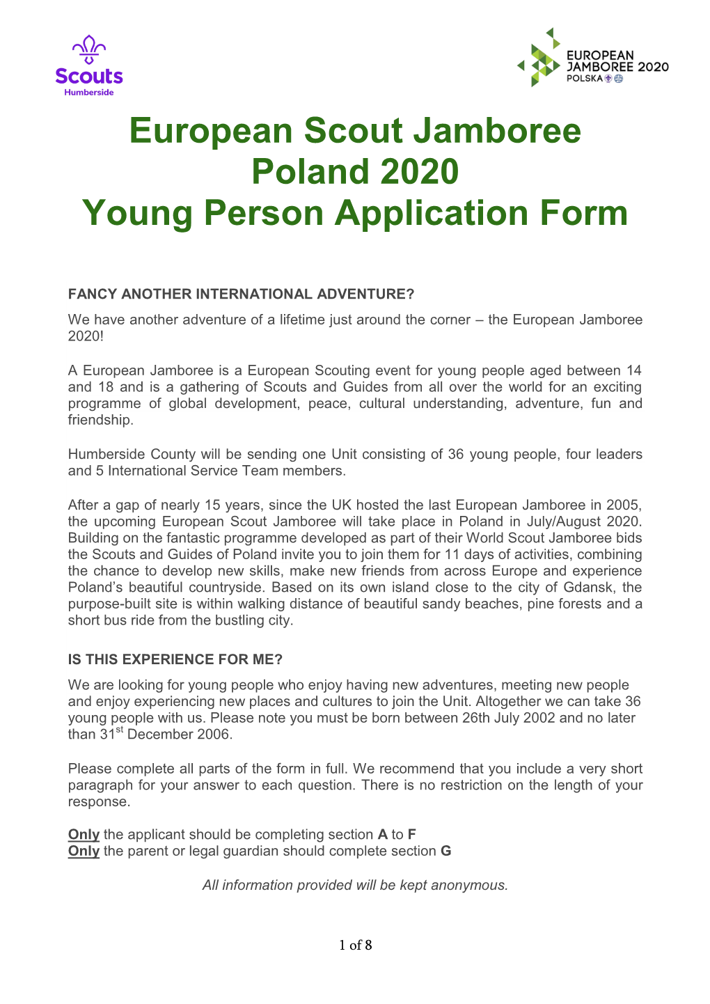 European Scout Jamboree Poland 2020 Young Person Application Form