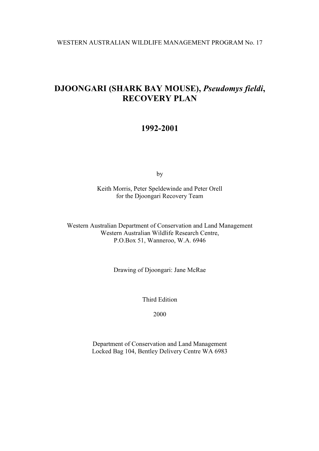 Djoongari (Shark Bay Mouse) Recovery Plan 1992-2001