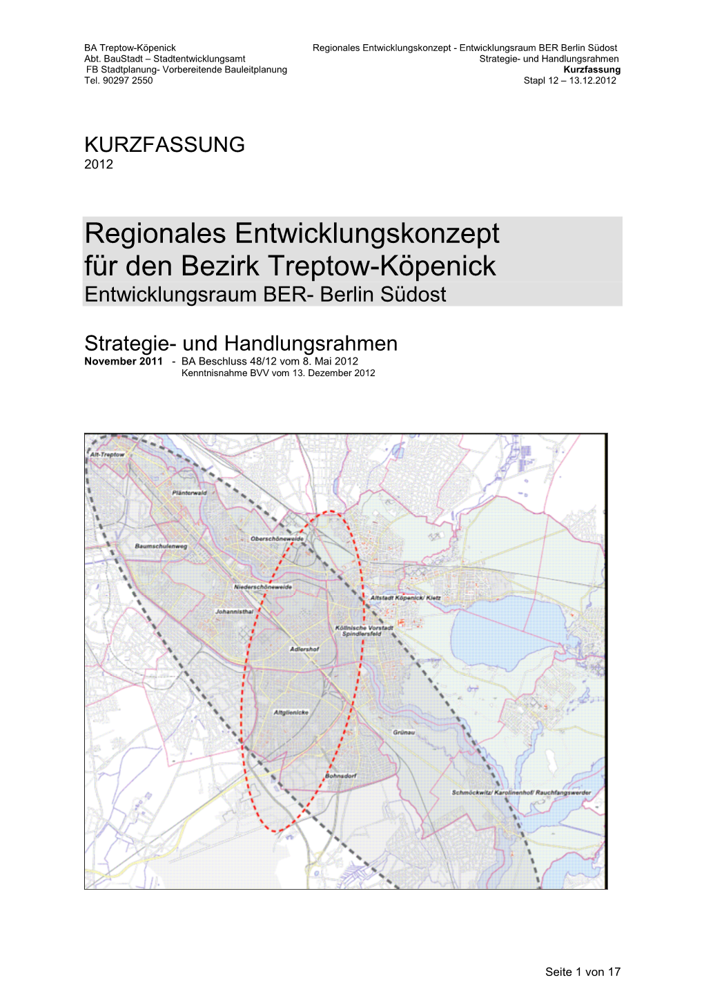 Regionales Entwicklungskonzept Für Den Bezirk Treptow-Köpenick Entwicklungsraum BER- Berlin Südost