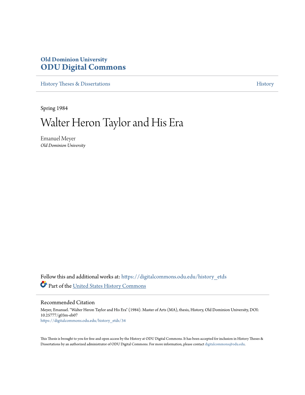 Walter Heron Taylor and His Era Emanuel Meyer Old Dominion University
