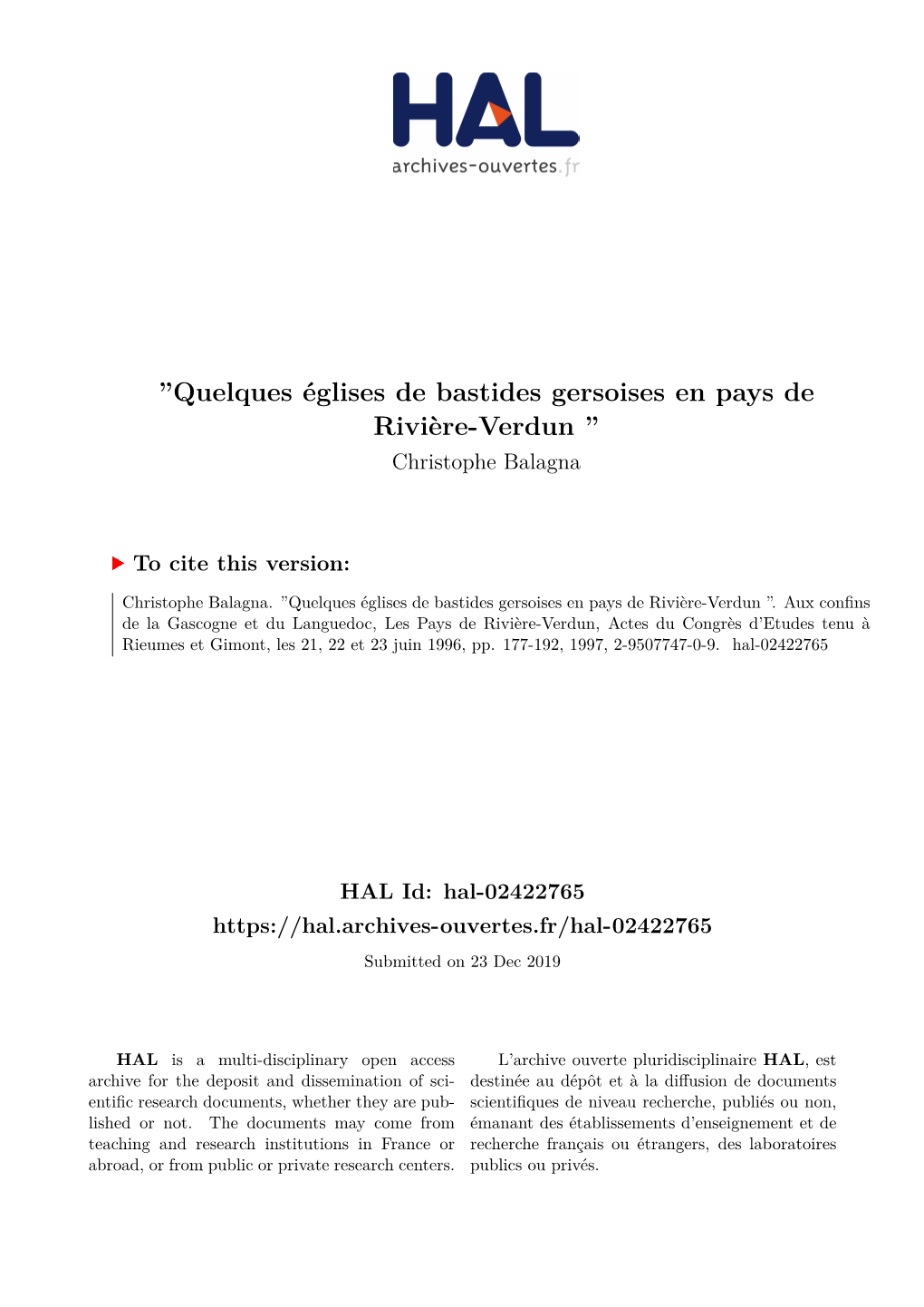 ''Quelques Églises De Bastides Gersoises En Pays De Rivière-Verdun ''