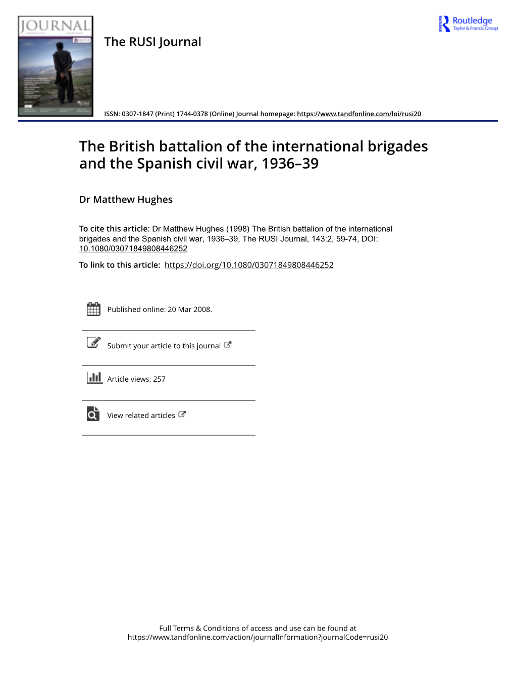 The British Battalion of the International Brigades and the Spanish Civil War, 1936–39