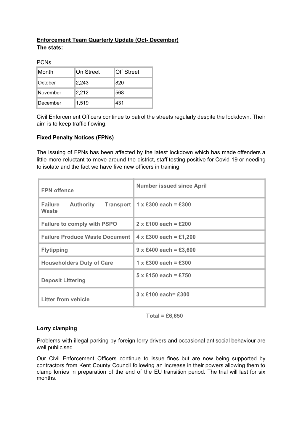 Enforcement Team Quarterly Update (Oct- December) the Stats