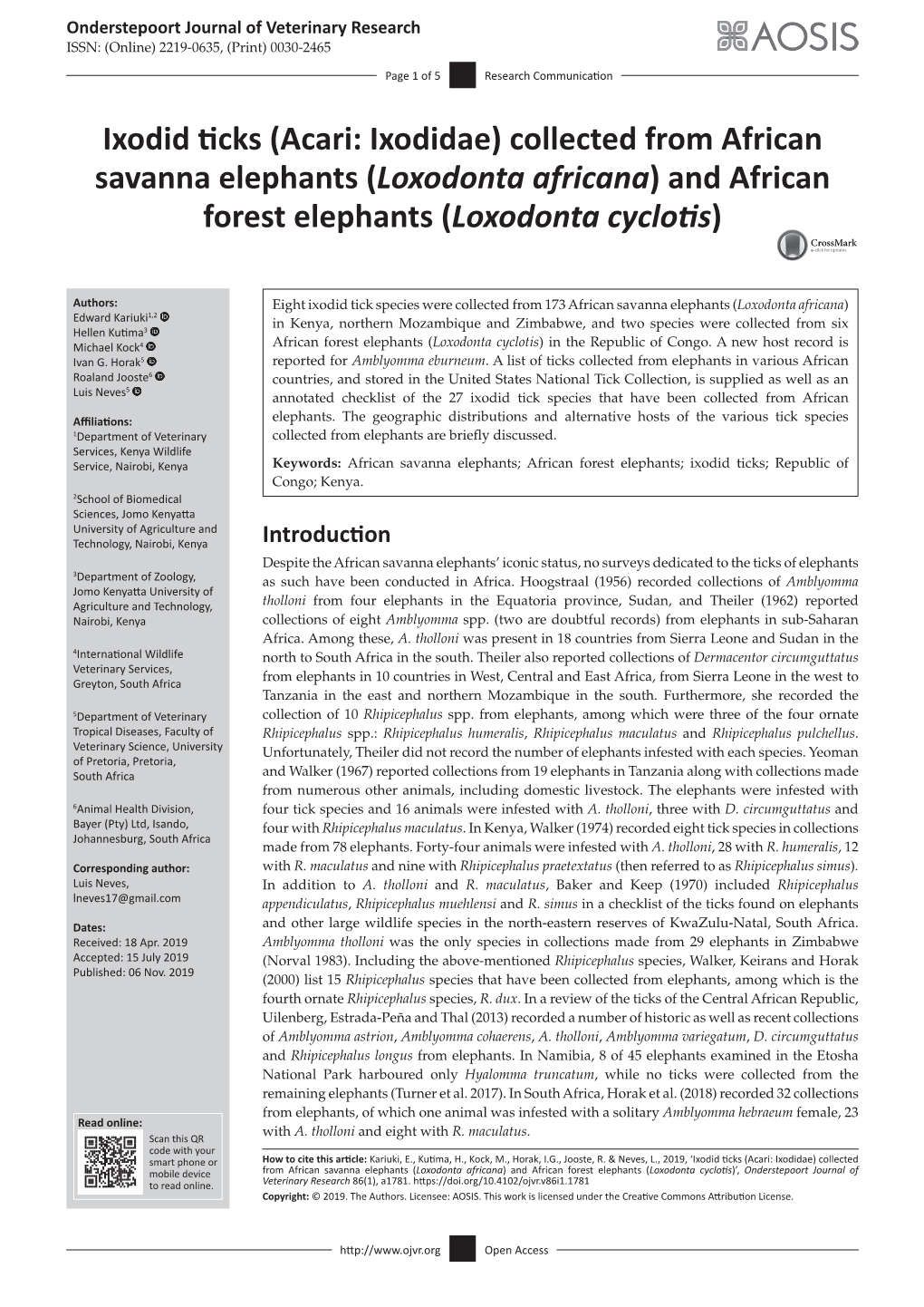 Ixodid Ticks (Acari: Ixodidae) Collected from African Savanna Elephants (Loxodonta Africana) and African Forest Elephants (Loxodonta Cyclotis)