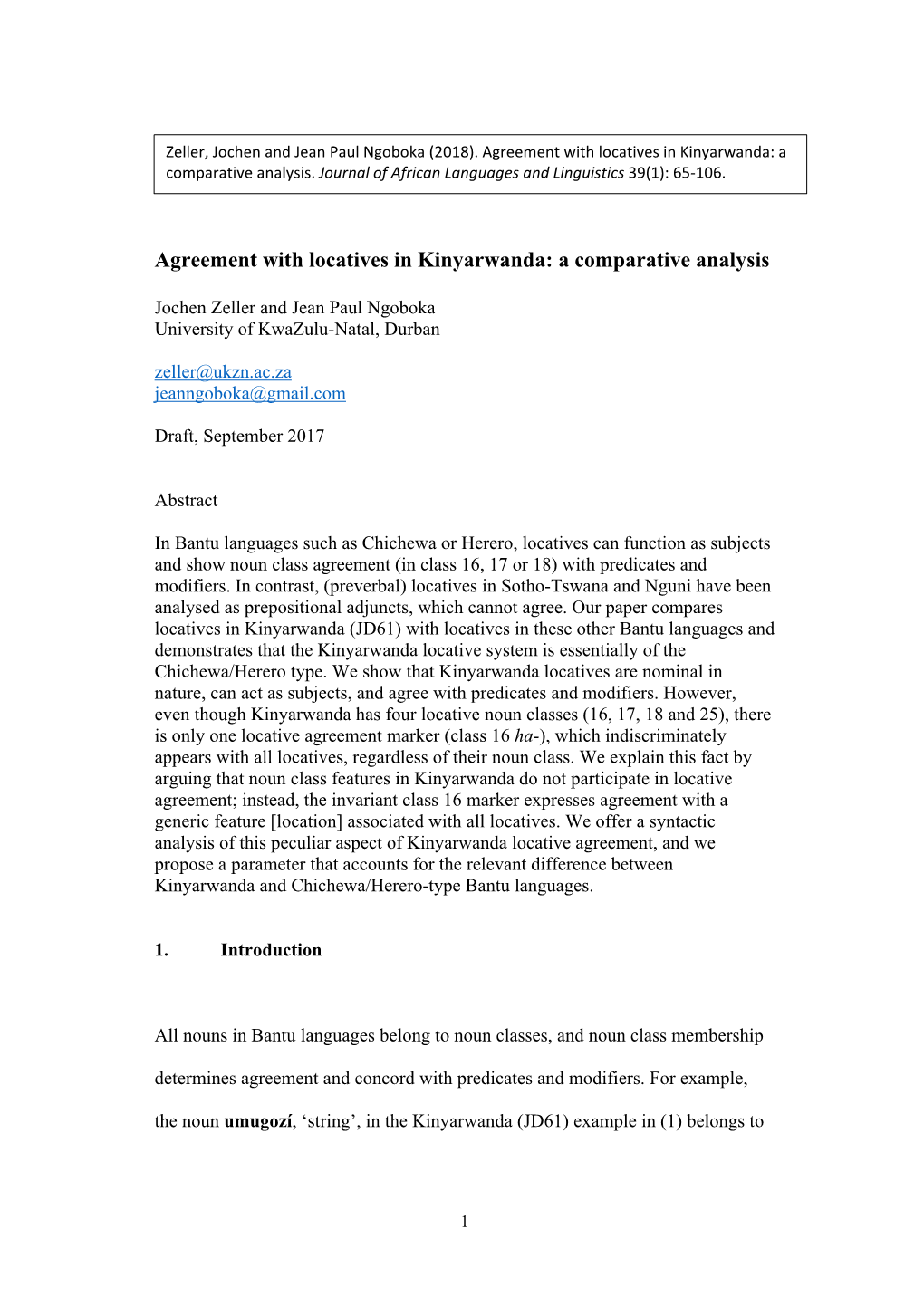Agreement with Locatives in Kinyarwanda: a Comparative Analysis