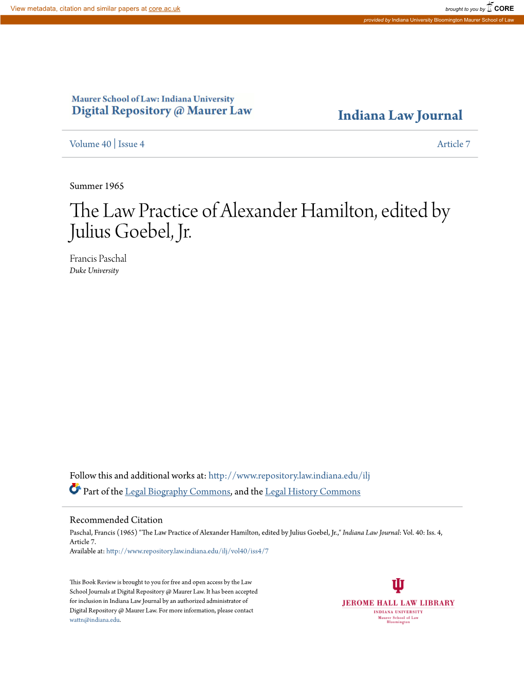 The Law Practice of Alexander Hamilton, Edited by Julius Goebel, Jr