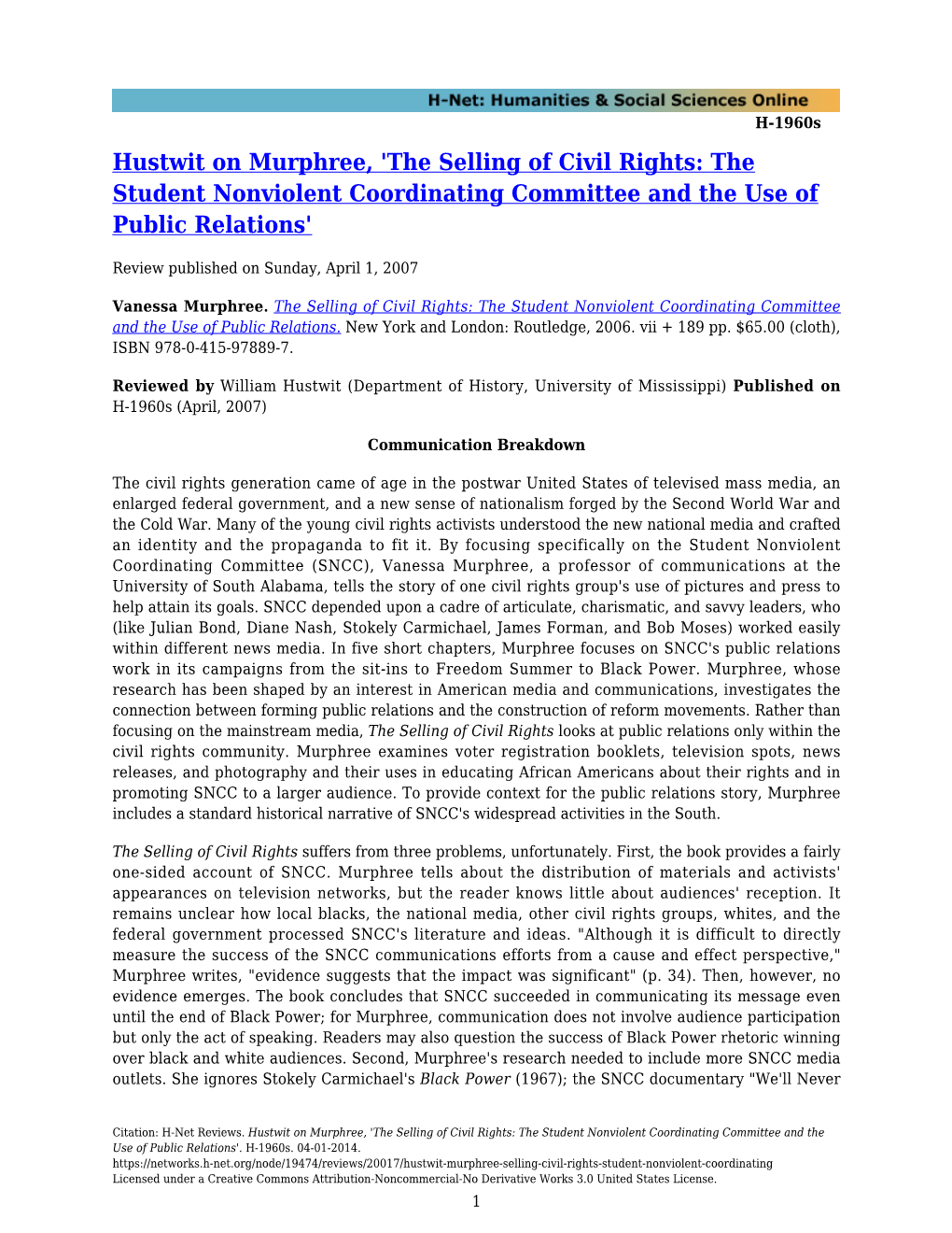 Hustwit on Murphree, 'The Selling of Civil Rights: the Student Nonviolent Coordinating Committee and the Use of Public Relations'